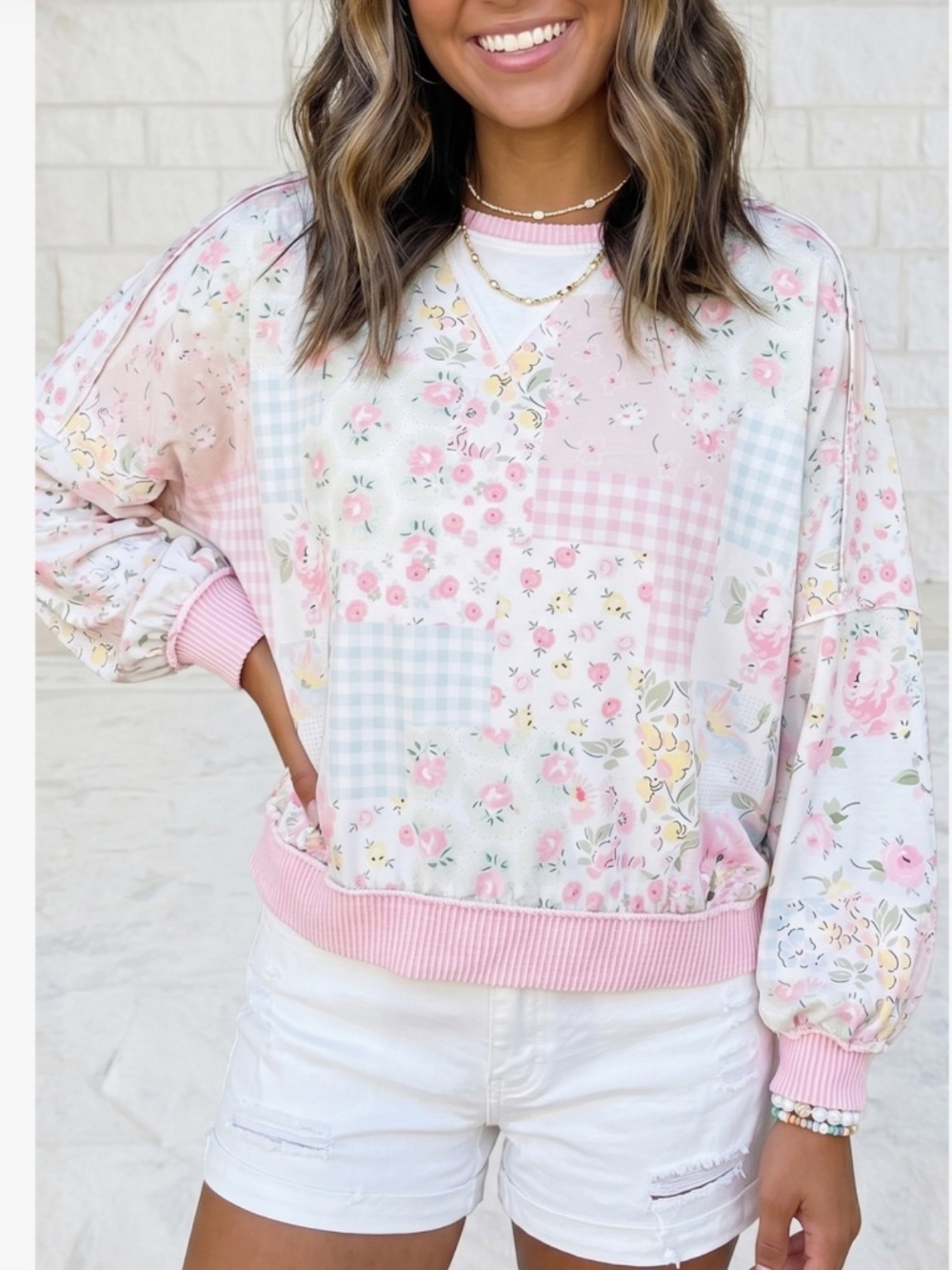 ❤️ GIAJEAN “ MAYA ” GIAJEAN Floral Patchwork Ribbed Long Sleeve Top 88 - Picture 2 of 5